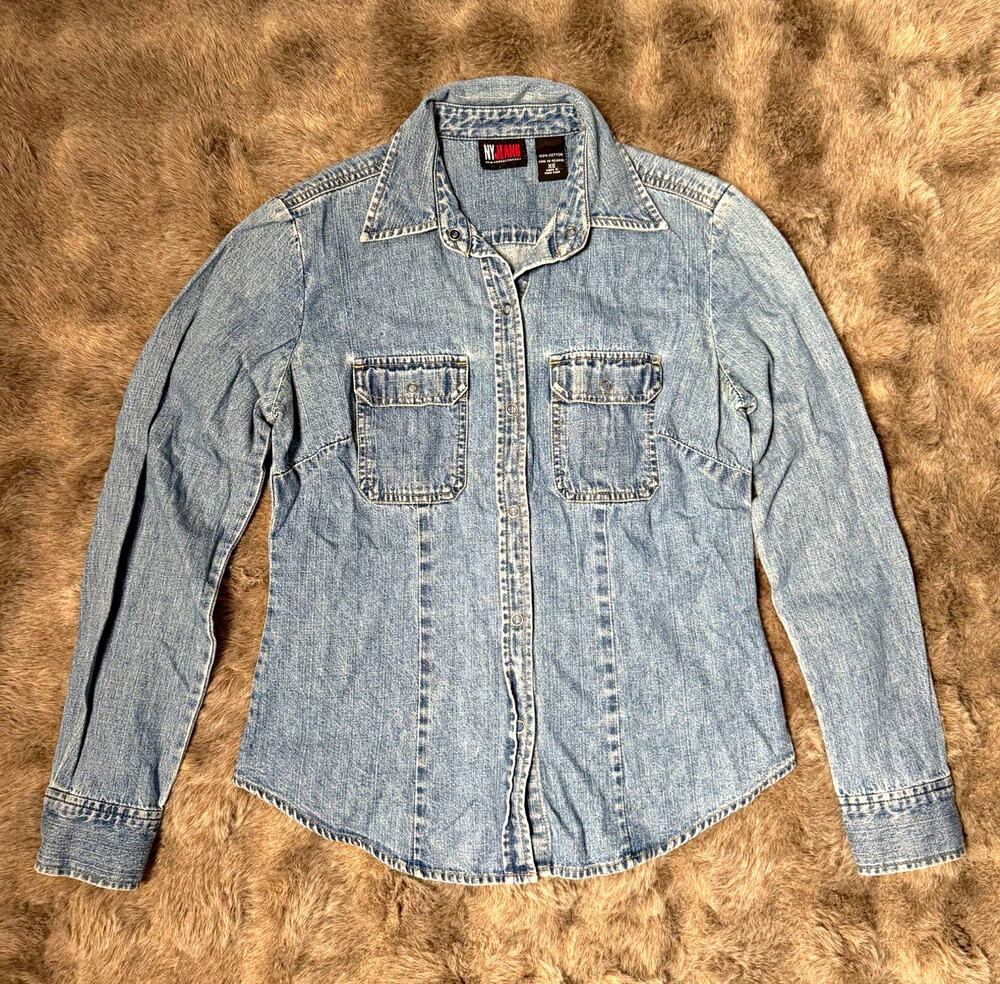 NY Jeans Men's Blue Denim 100% Cotton Long Sleeve Button Up Shirt XS
